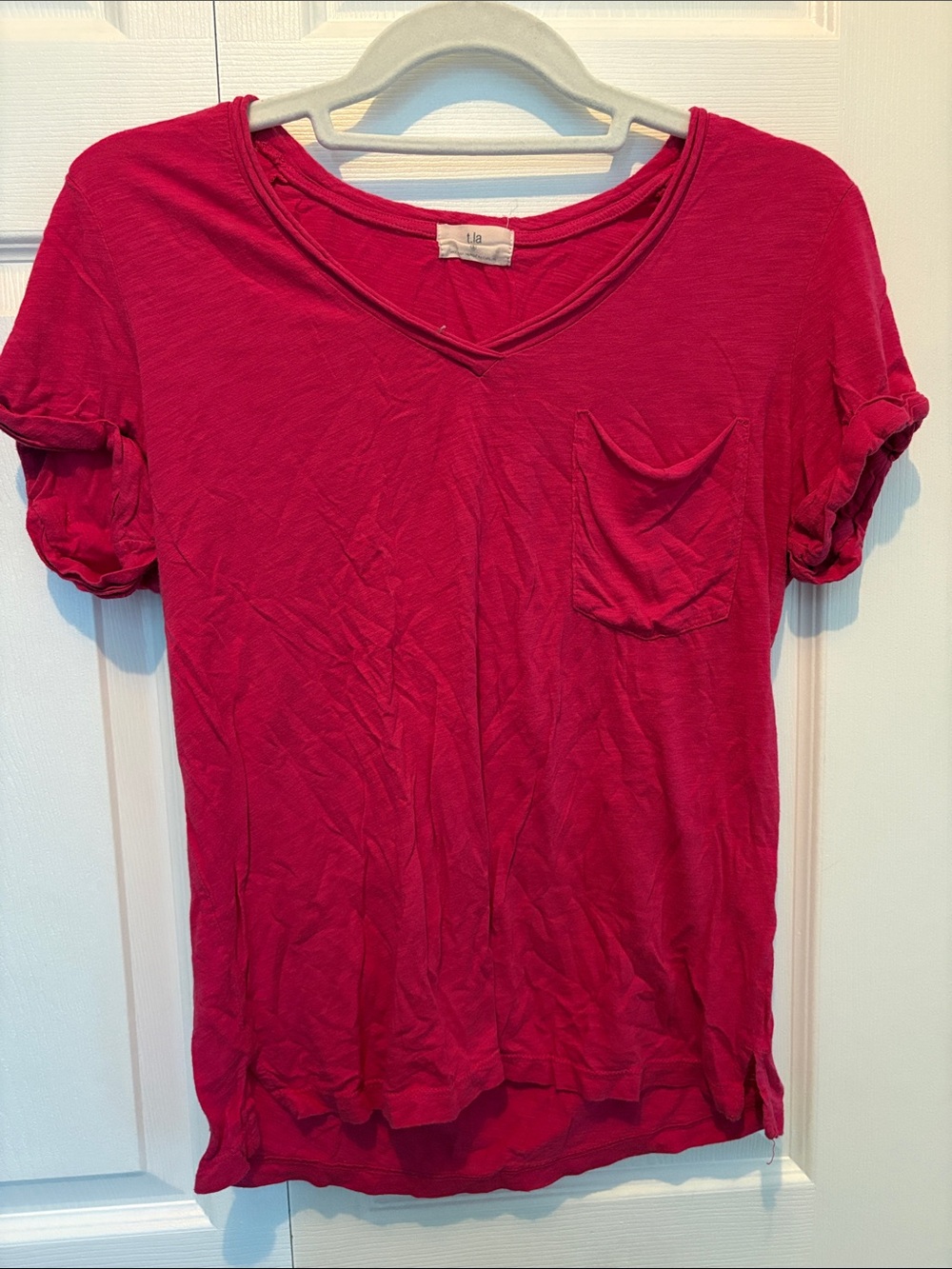 Anthropologie Women's Short Sleeve V-Neck Pocket Tee - Fuchsia